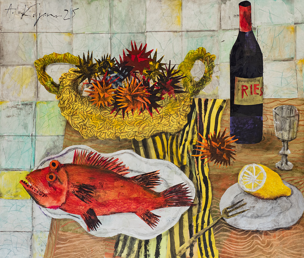 Still life with sea urchins and fish