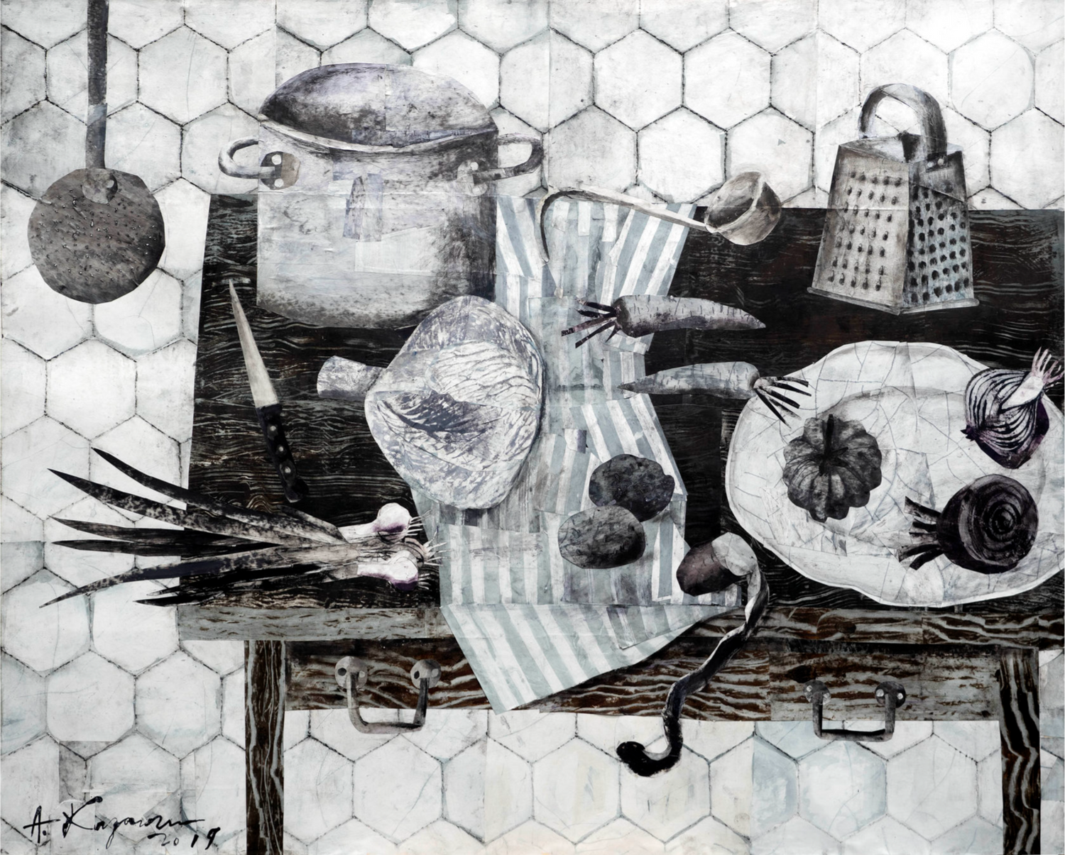 Contemporary still life art poster – rustic table with cabbage, carrots, pot and grater, monochrome tones.