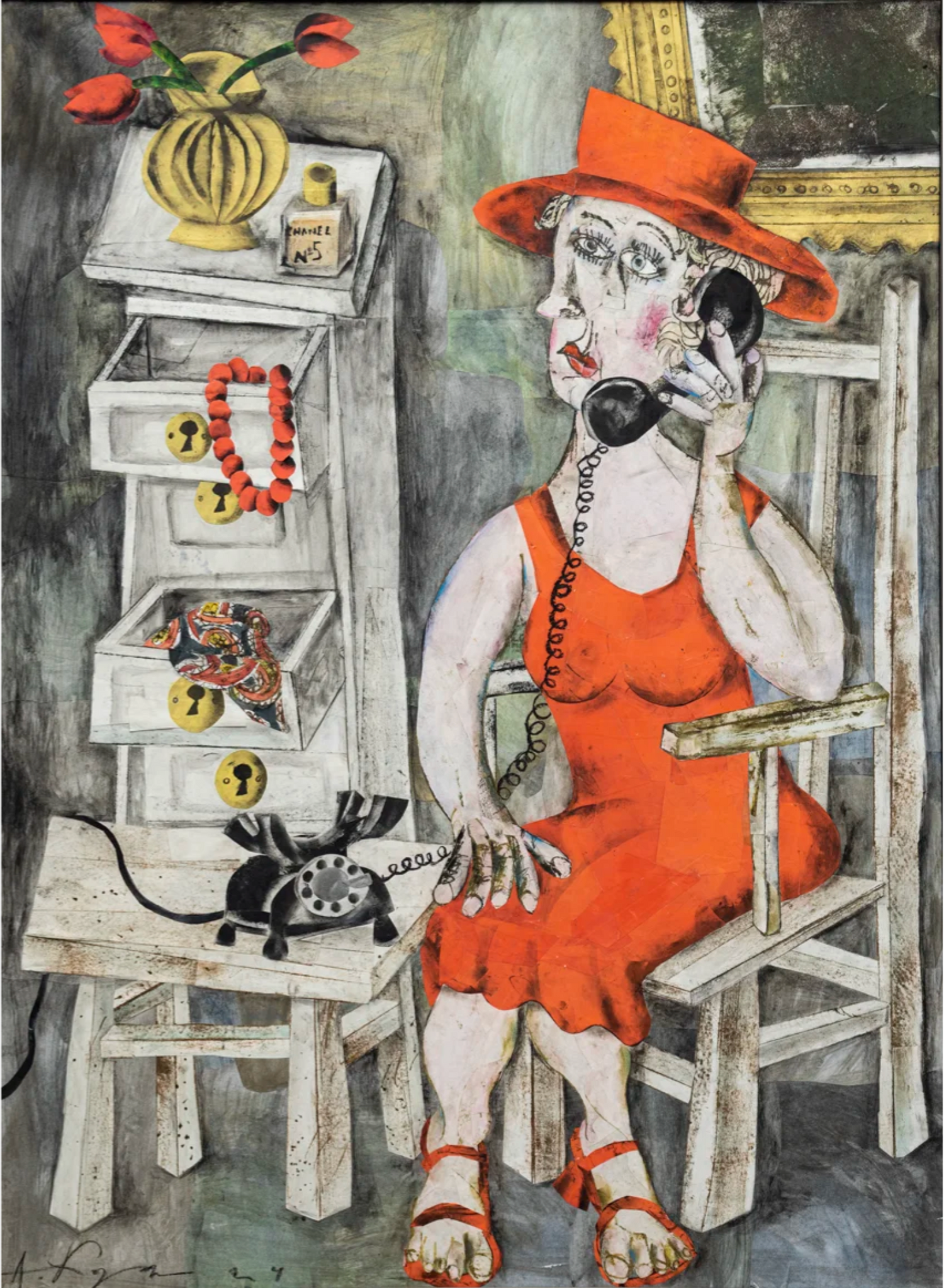 Contemporary art poster – woman in red dress with vintage phone, surreal character study, limited edition