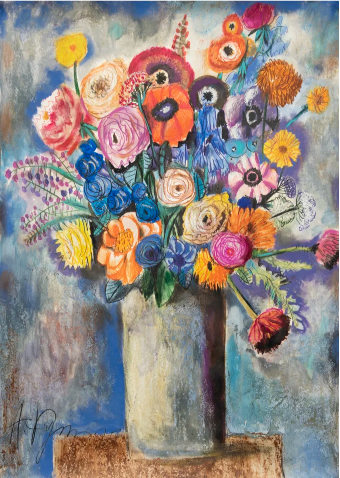 Limited edition floral art poster – vibrant bouquet of roses and wildflowers, contemporary fine art print.