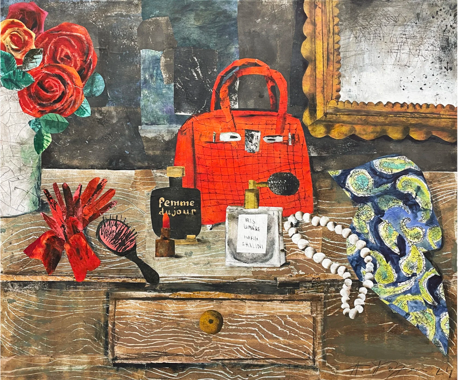 Fine art poster – red handbag, perfumes, roses and pearls, Fashion collection, contemporary collage.