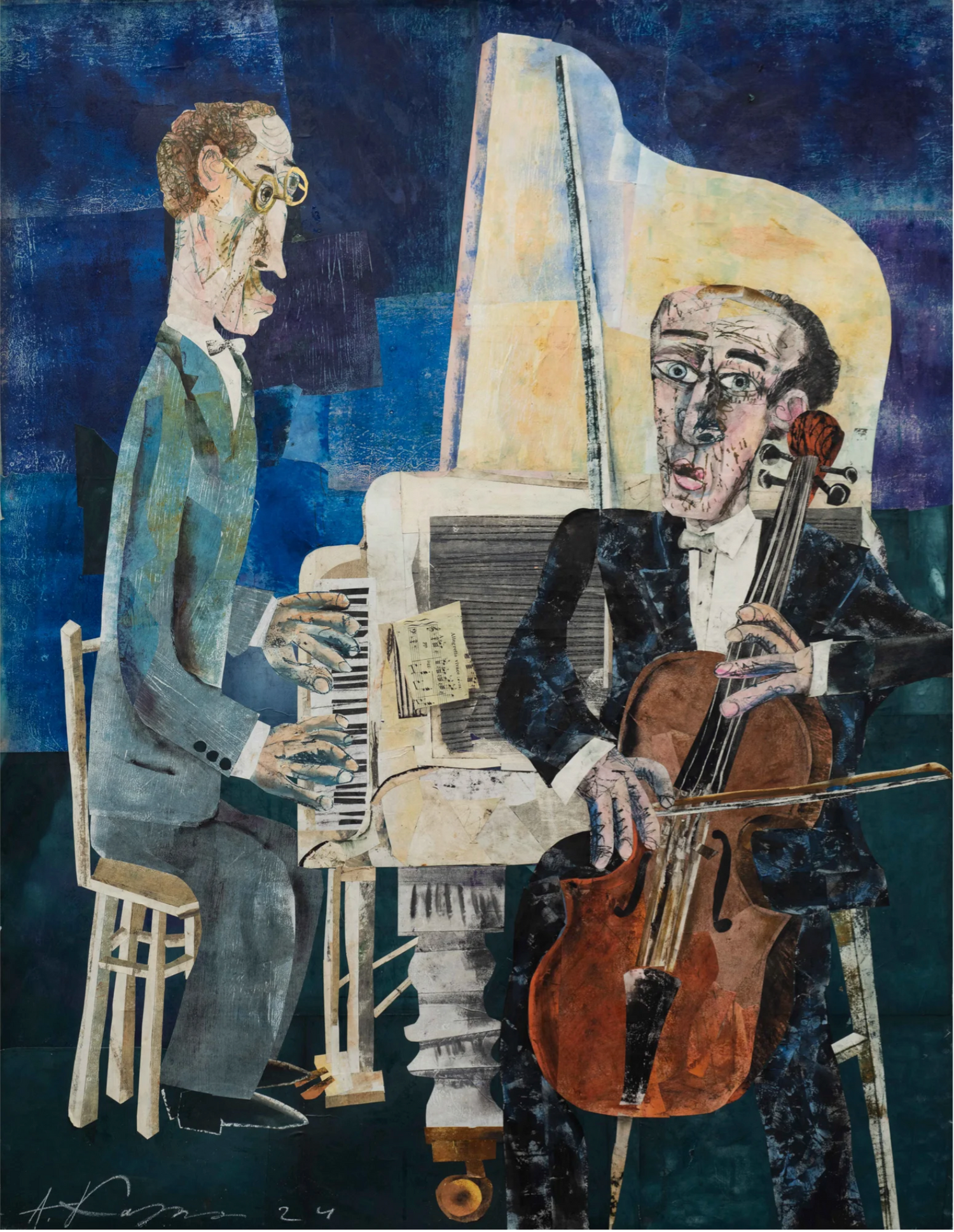 Limited edition fine art poster – surreal pianist and cellist, Music Story collection, contemporary art.