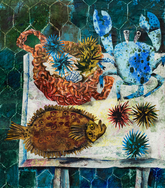 Still life with flounder, sea urchins and crabs