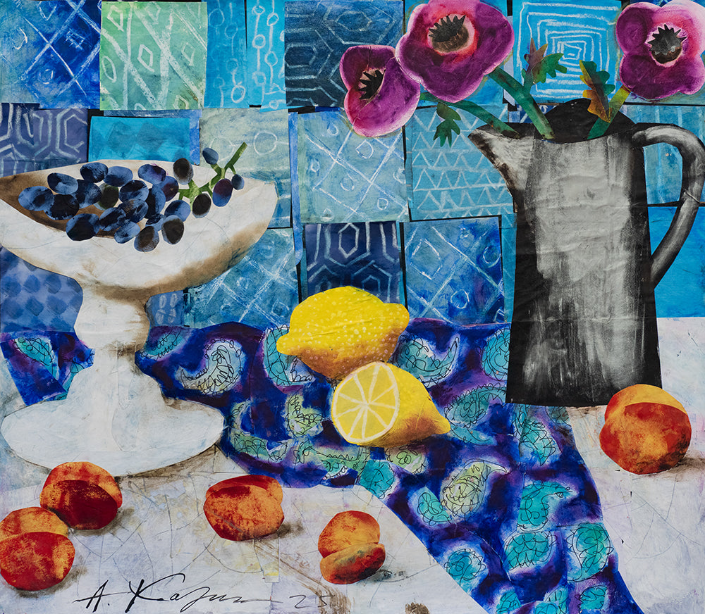 Still life with peaches, lemon and grapes