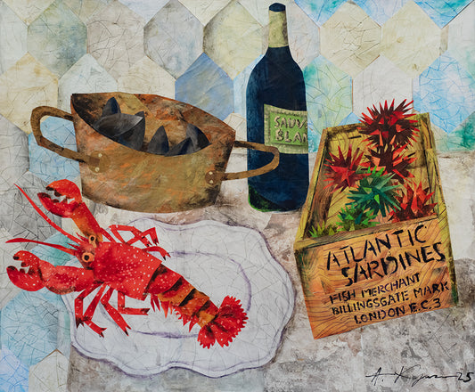 Still life with red lobsters and sea urchins