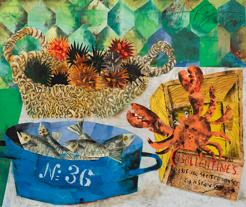 Still life with sea urchins, crab and fish