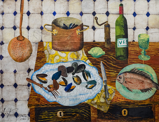 Still life with wine and oysters